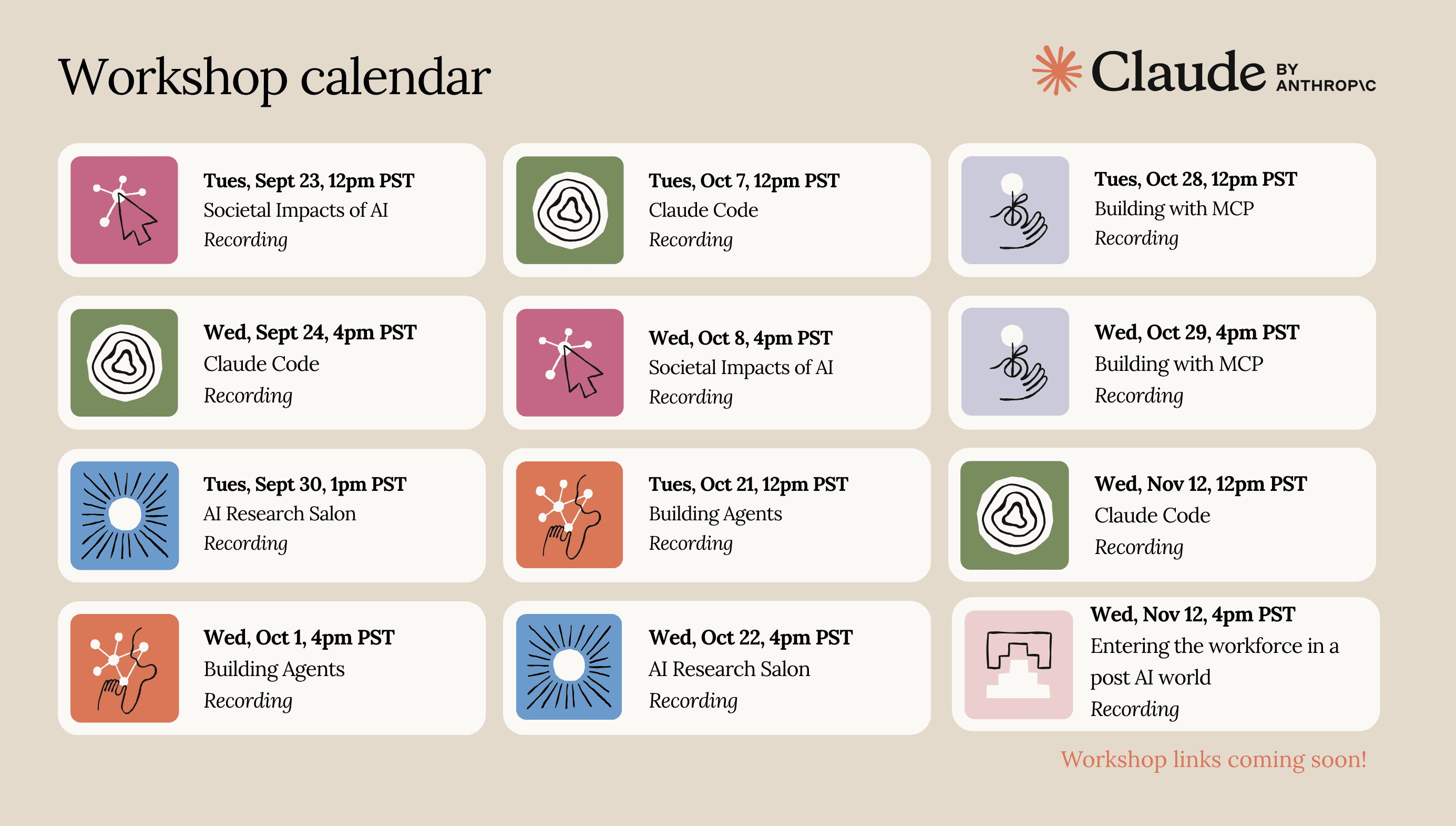 Workshop events calendar